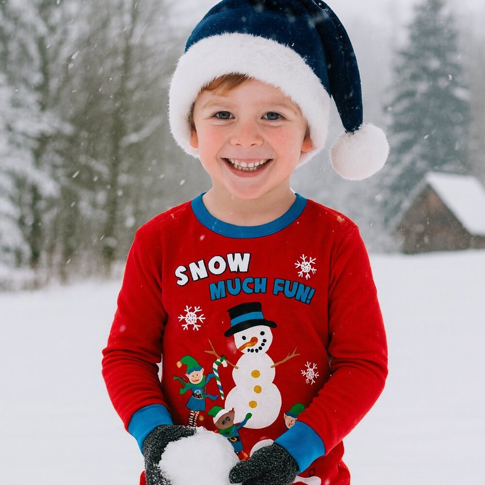Kids Snow Much Fun Christmas Pajama Set – Red Snowman Elf Print Top & Pants - Picture 2 of 5